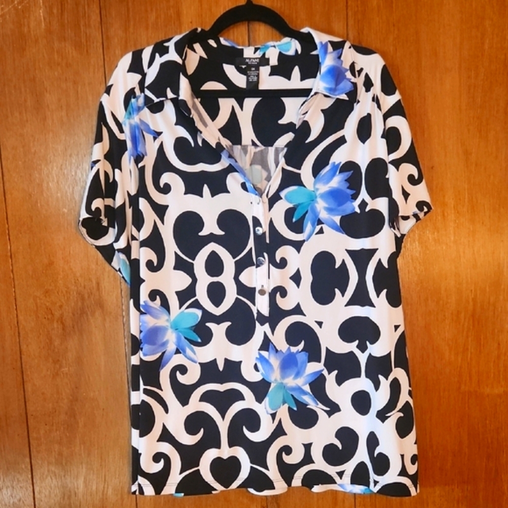 Alfani Black and White Graphic Blouse with Notched Collar
